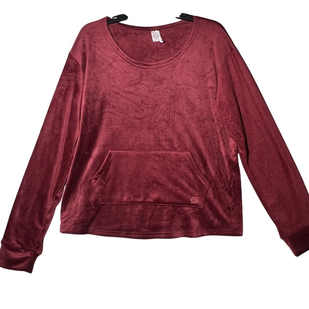 Born Women's Size L Burgundy Velour Long Sleeve Scoop Neck Kangaroo Pocket Top‎